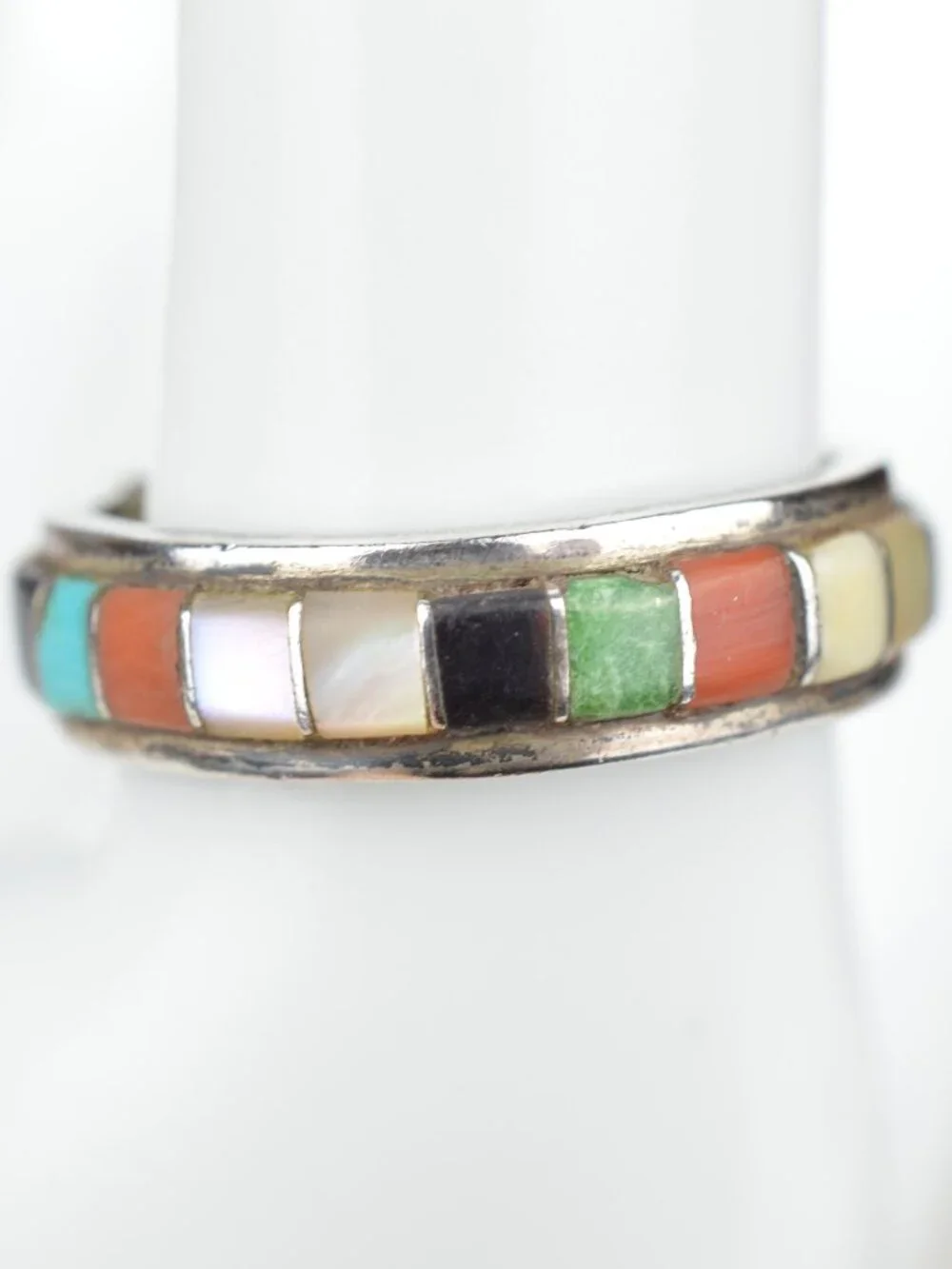Vintage Navajo Sterling Silver Multi Stone Inlay Ring Band Sz 9 Southwest 4.3g - Picture 2 of 8